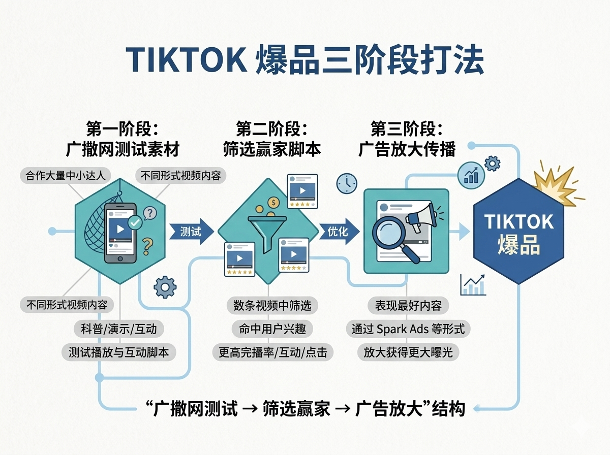 Tiktok爆品三阶段打法图解