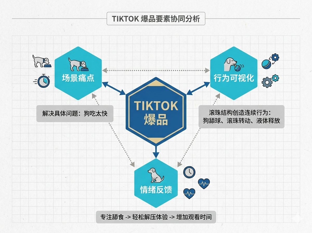 Tiktok爆品要素协同图解（以Yipetor慢食狗碗为例）