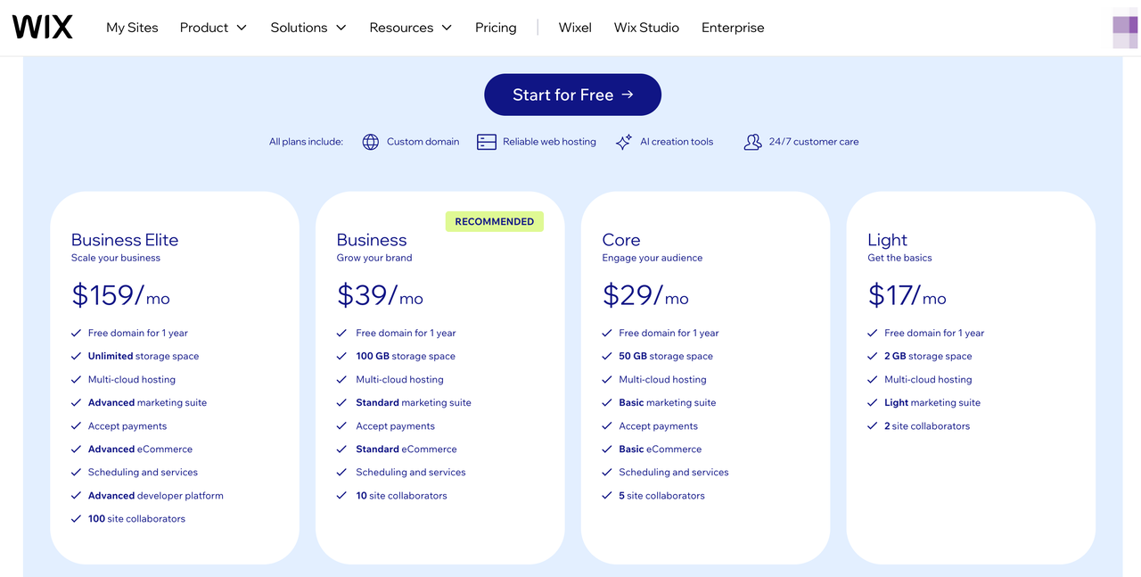Wix 价格 Wix 价格