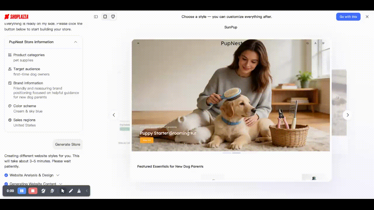 AI 生成和预览电商店铺