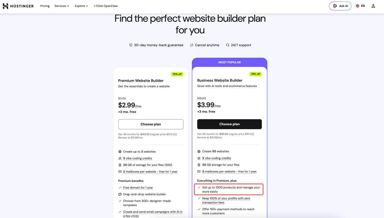Hostinger 商业版计划