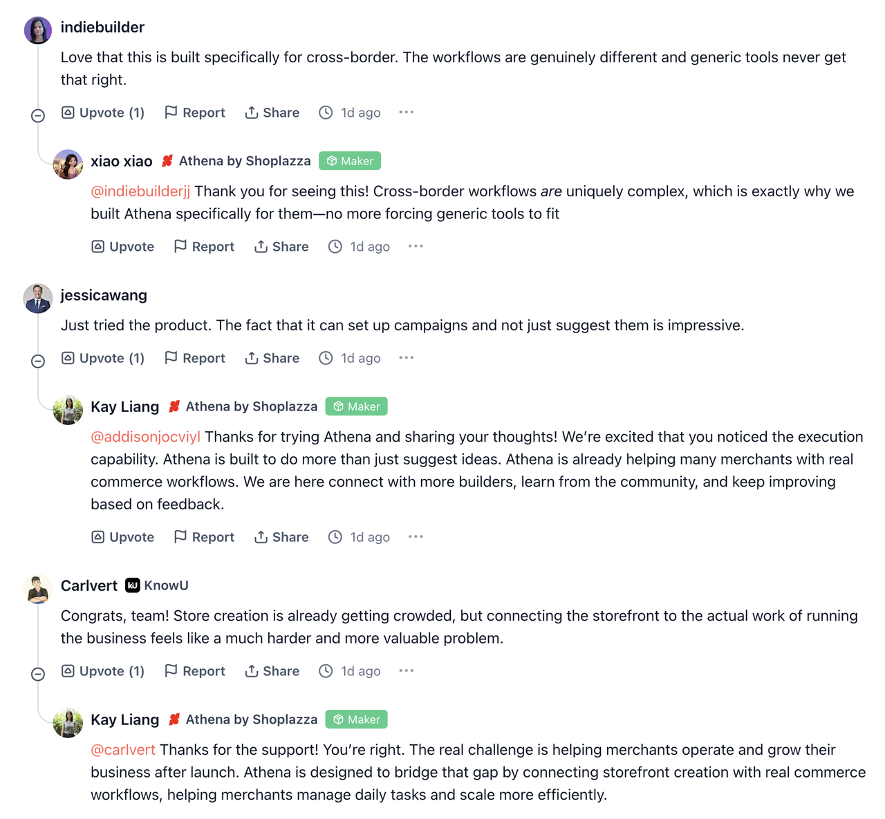 Product Hunt 社区用户对 Athena 的积极反馈