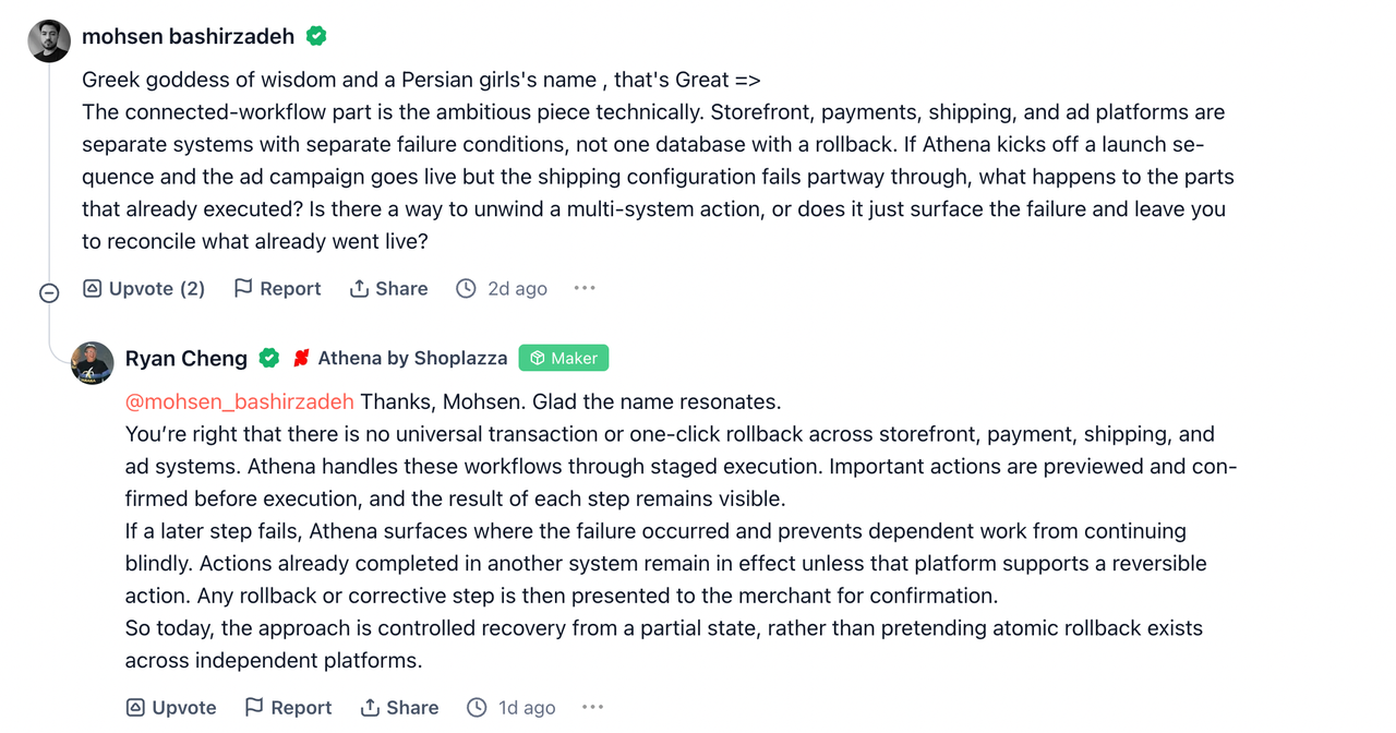 Product Hunt 社区用户对 Athena 的积极反馈