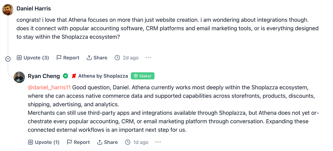Product Hunt 社区用户对 Athena 的积极反馈