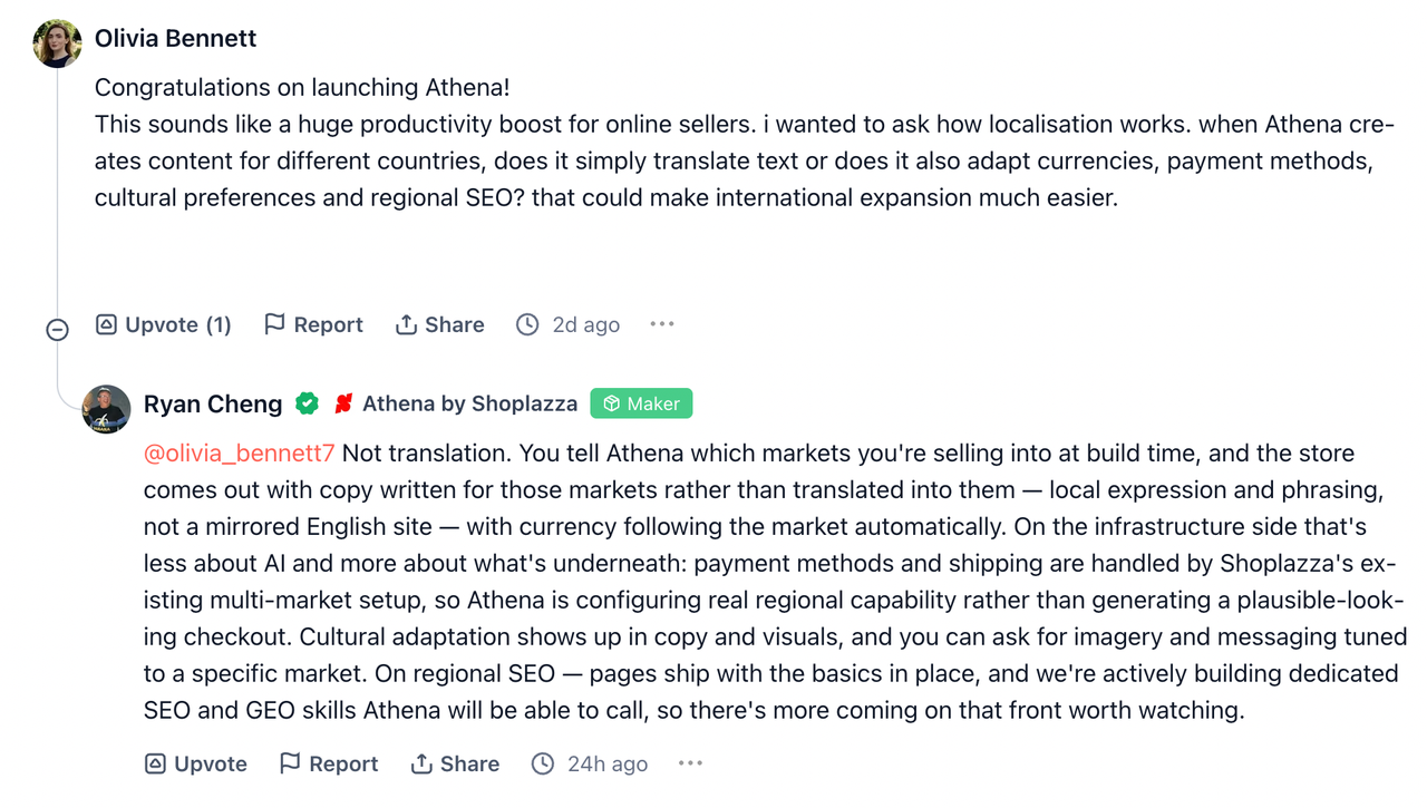 Product Hunt 社区用户对 Athena 的积极反馈