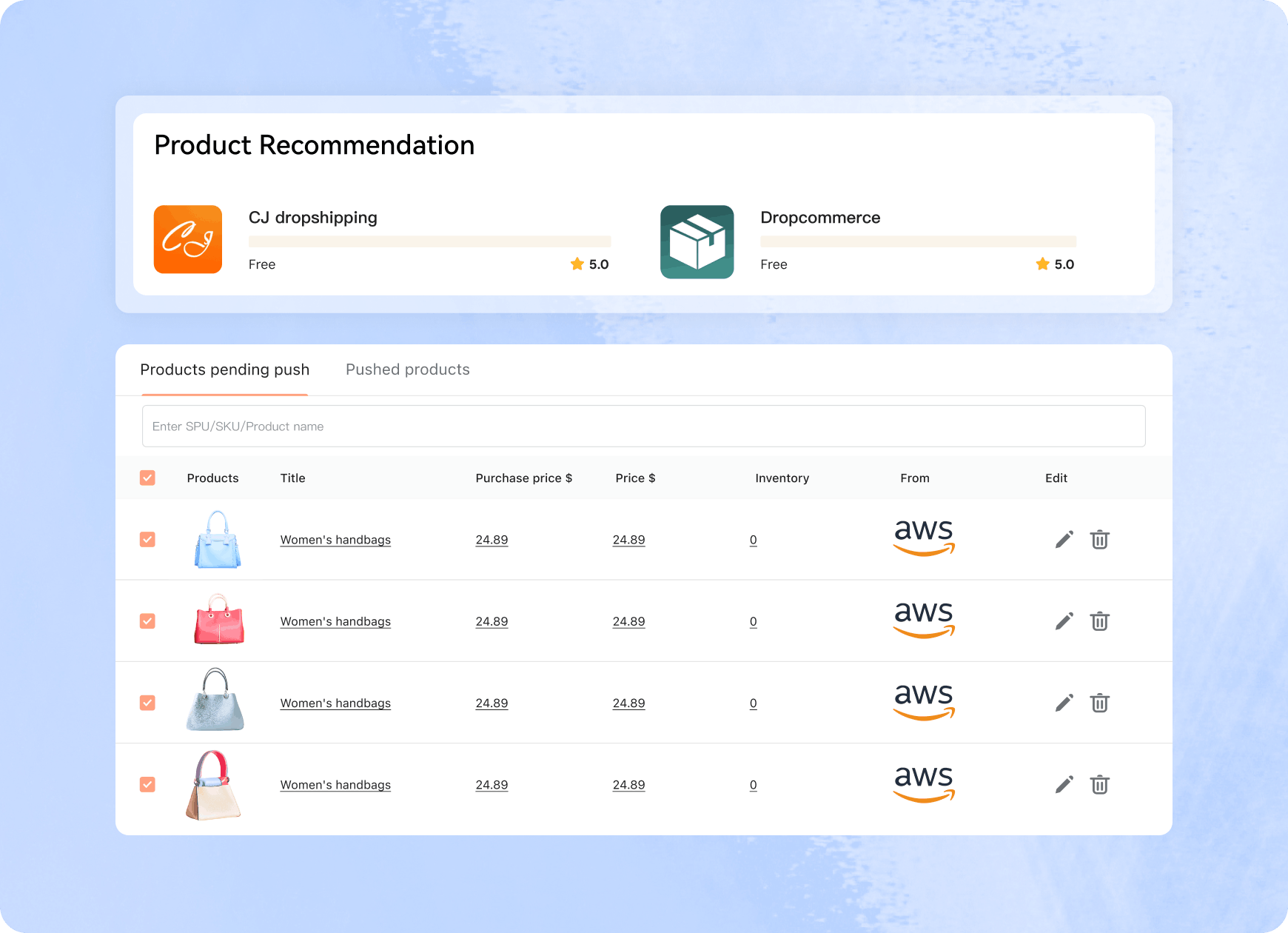 无货源开店 · CJ / Dropcommerce 选品列表示意