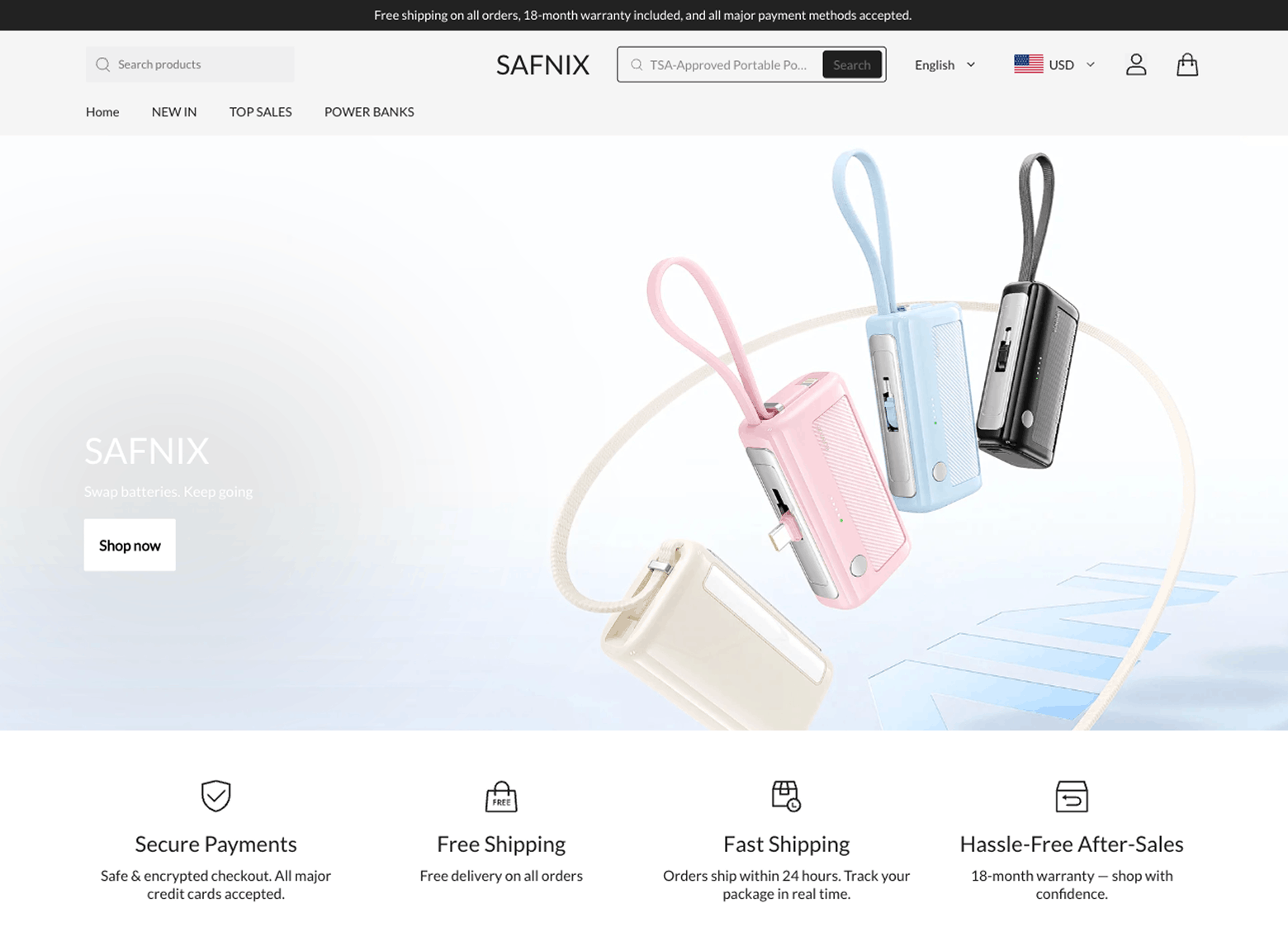 Safnix Shop 官网截图 · 模块化可更换电池充电宝